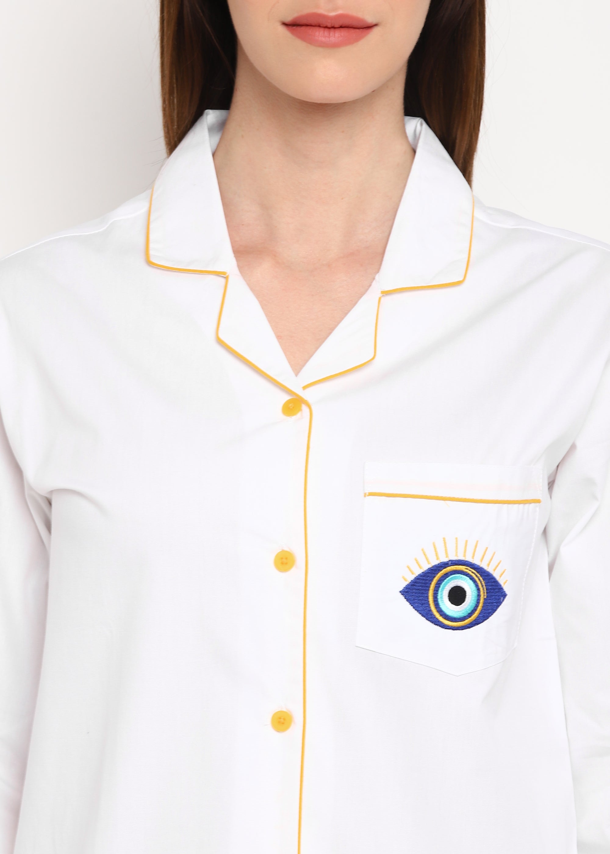 Blue Embroidered Big Evil Eye Long Sleeve Women's Night Suit - Shopbloom