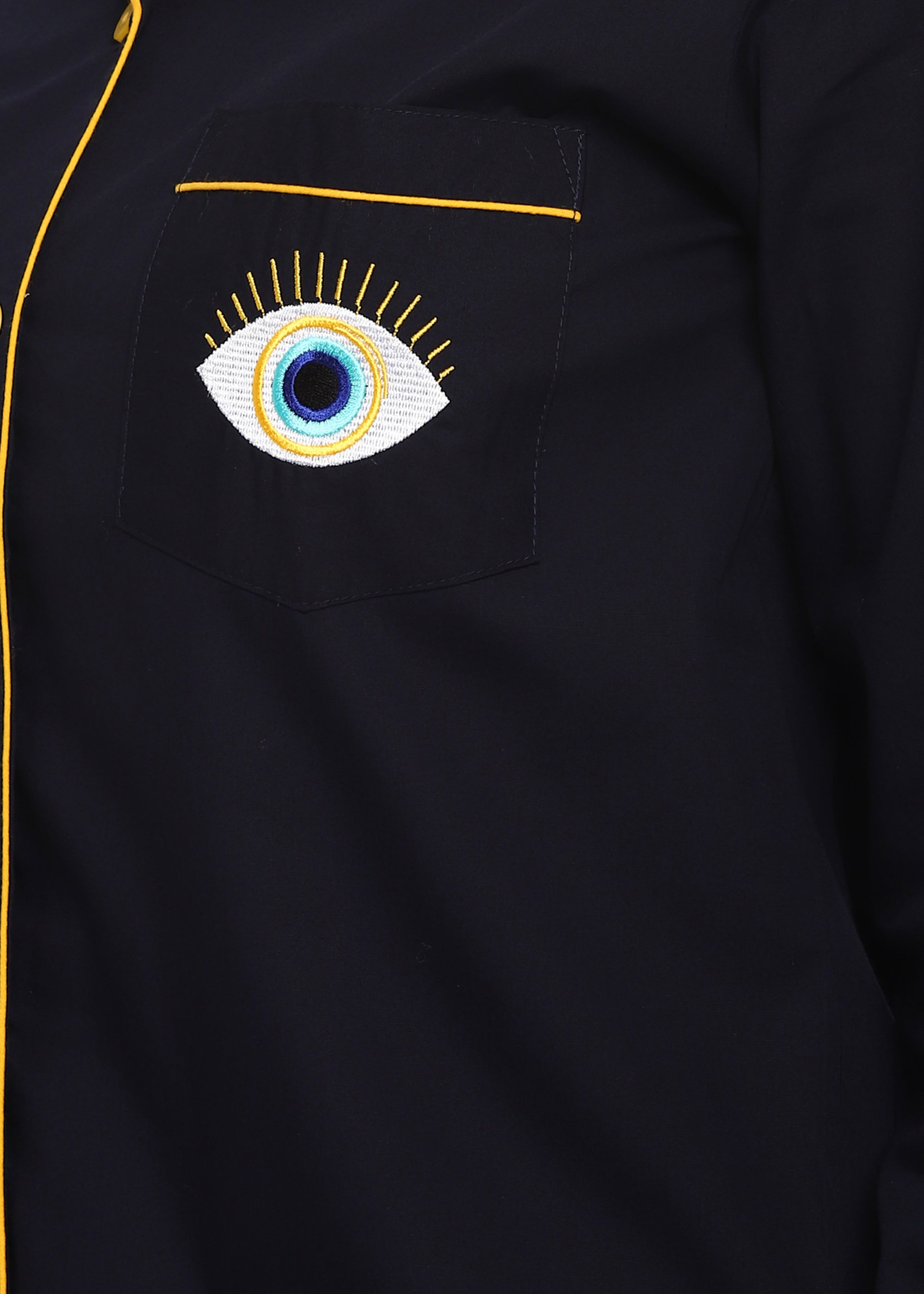 Yellow Embroidered Big Evil Eye Long Sleeve Women's Night Suit - Shopbloom