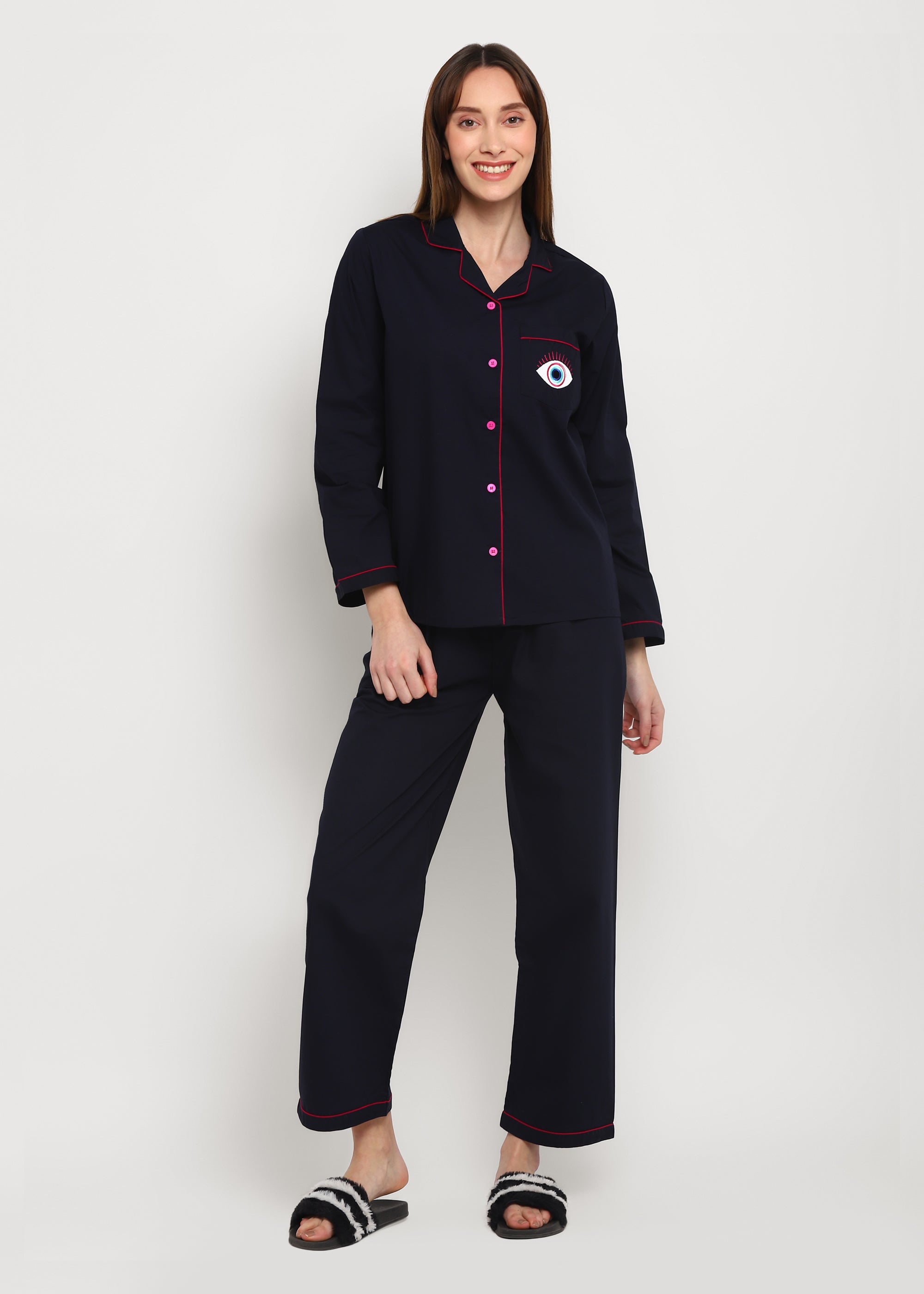 Pink Embroidered Big Evil Eye Long Sleeve Women's Night Suit - Shopbloom