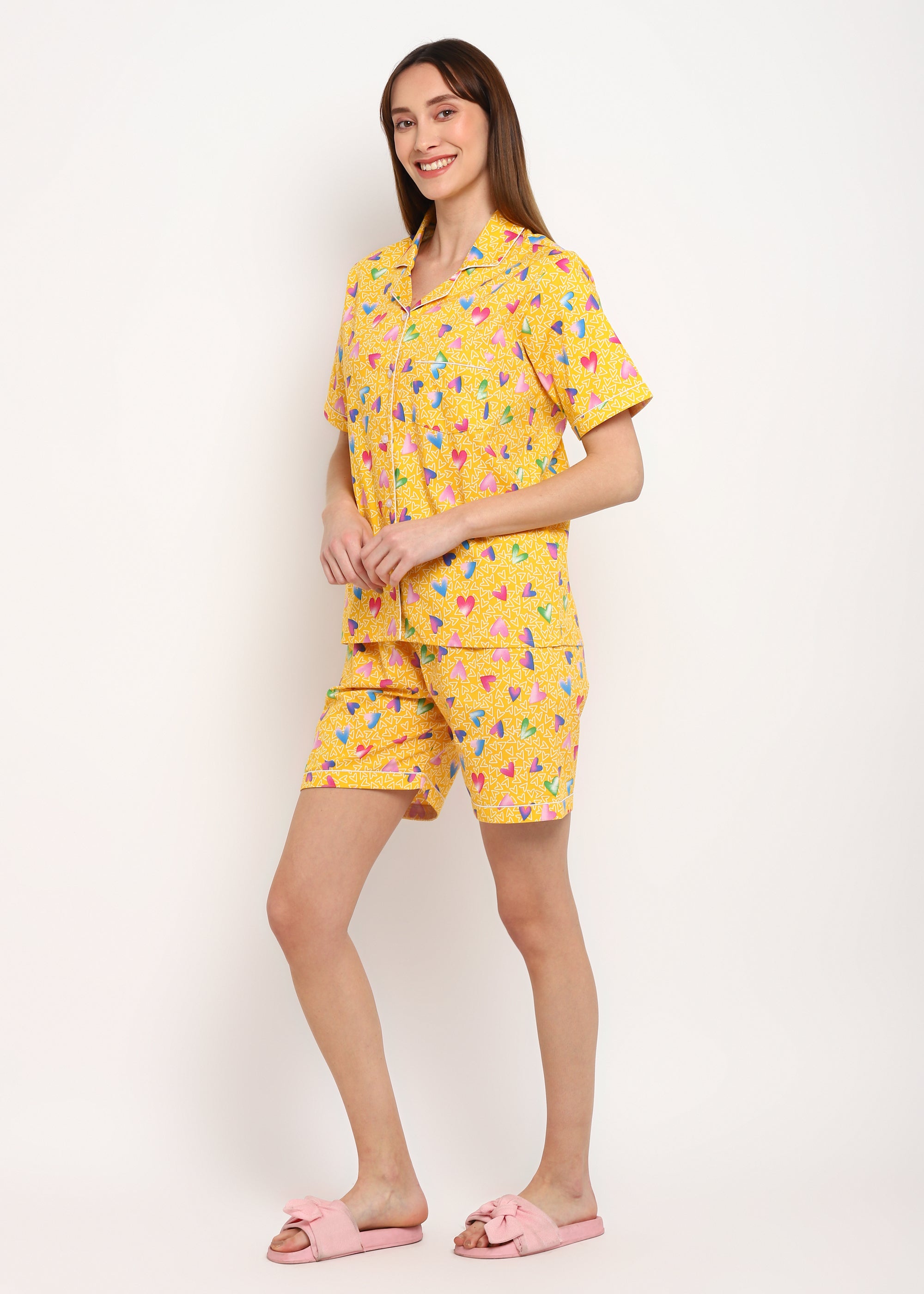 Yellow Heart Print Short Sleeve Women's Shorts Set - Shopbloom