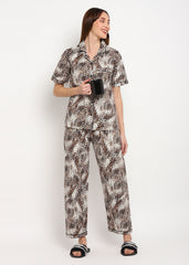 Brown Abstract Print Short Sleeve Women's Night Suit - Shopbloom