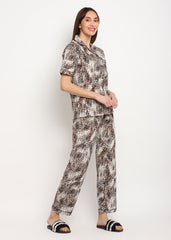 Brown Abstract Print Short Sleeve Women's Night Suit - Shopbloom