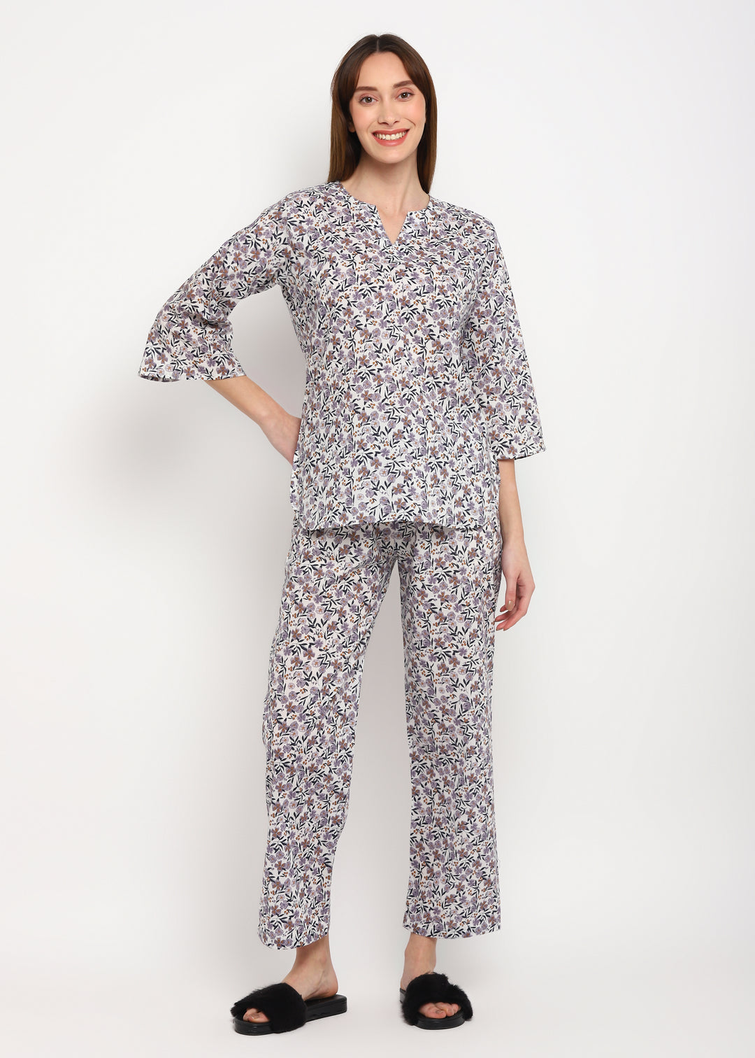 Grey Ditsy Print V Neck 3/4th Sleeve Women's Night Suit - Shopbloom