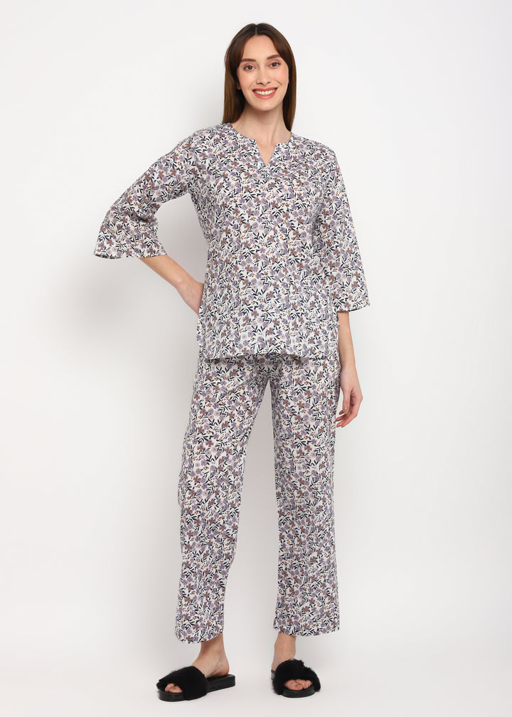 Grey Ditsy Print V Neck 3/4th Sleeve Women's Night Suit - Shopbloom