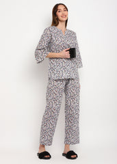 Grey Ditsy Print V Neck 3/4th Sleeve Women's Night Suit - Shopbloom