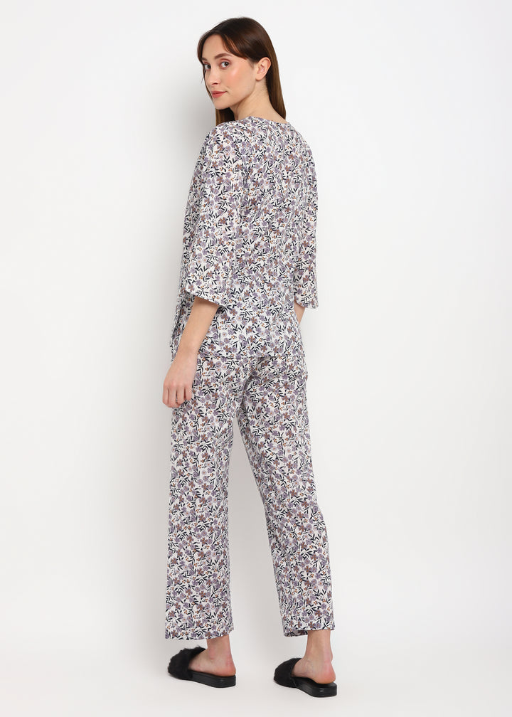 Grey Ditsy Print V Neck 3/4th Sleeve Women's Night Suit - Shopbloom