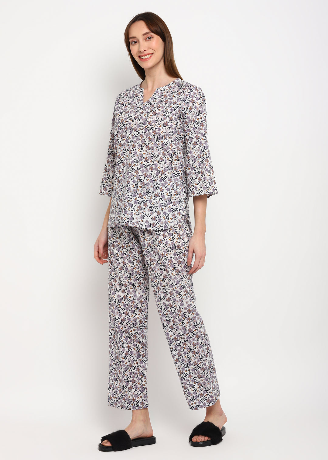 Grey Ditsy Print V Neck 3/4th Sleeve Women's Night Suit - Shopbloom