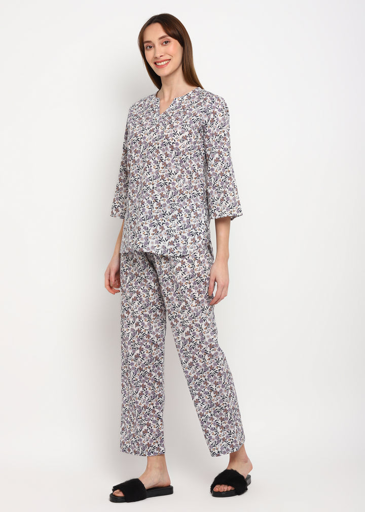 Grey Ditsy Print V Neck 3/4th Sleeve Women's Night Suit - Shopbloom