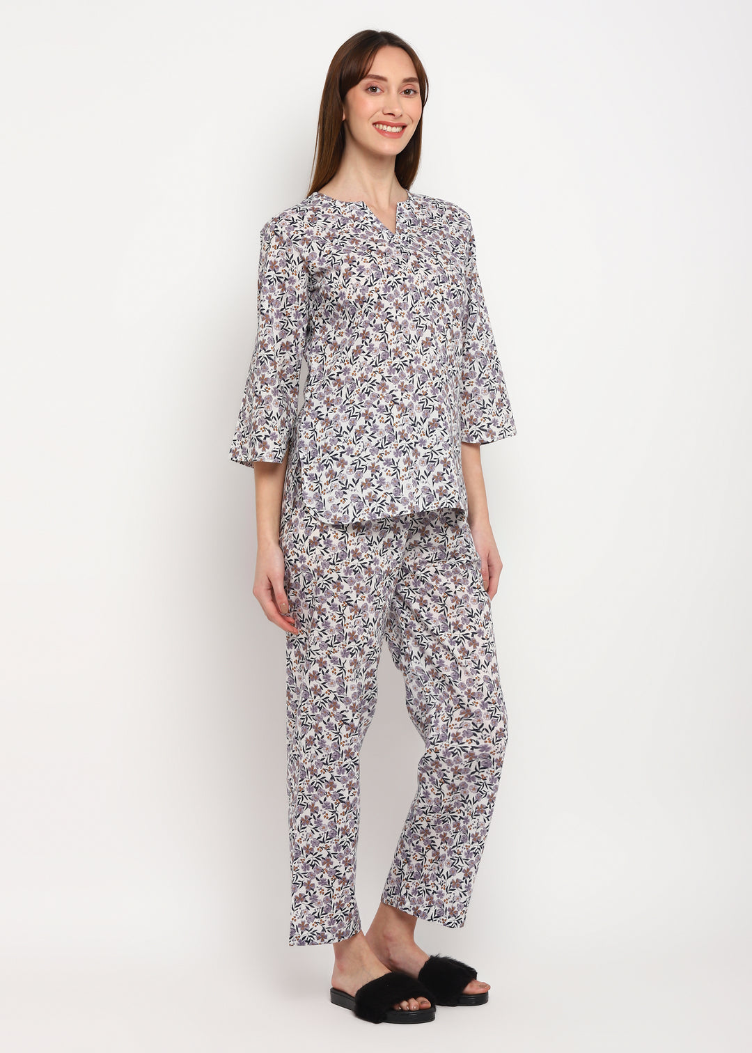 Grey Ditsy Print V Neck 3/4th Sleeve Women's Night Suit - Shopbloom