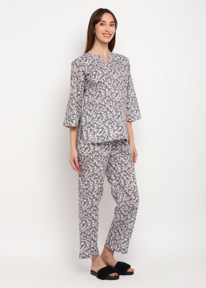 Grey Ditsy Print V Neck 3/4th Sleeve Women's Night Suit - Shopbloom