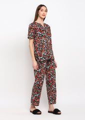 Multi Color Abstract Print V Neck Short Sleeve Women's Night Suit - Shopbloom