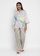 Abstract Print V Neck 3/4th Sleeve Women's Night suit - Shopbloom