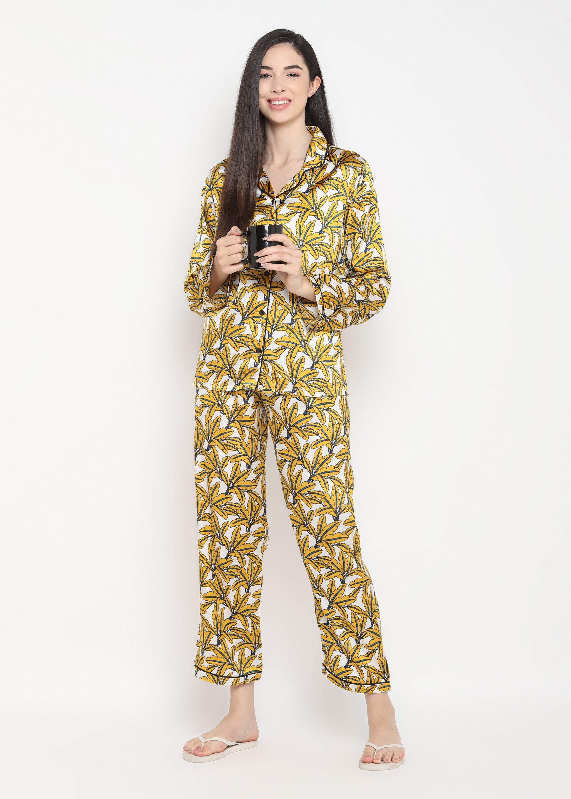 Big Flower Print Satin Long Sleeve Women's Night Suit - Shopbloom