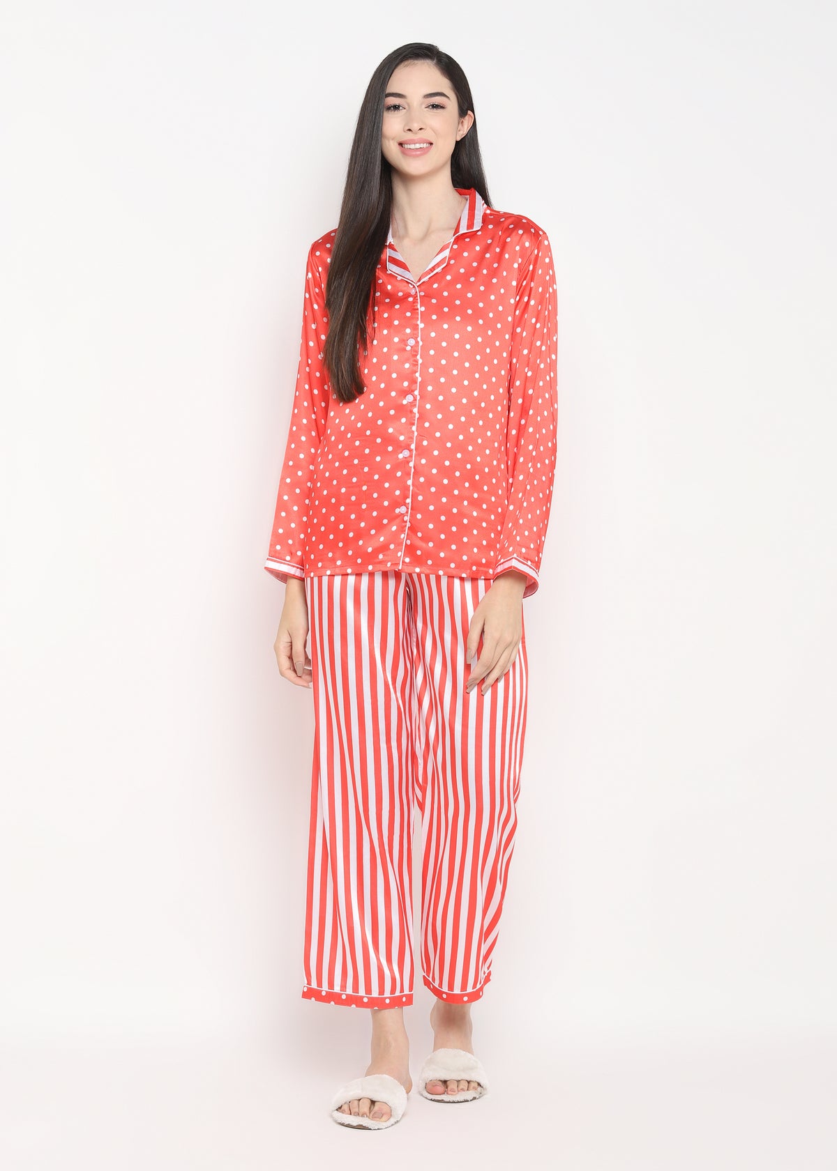 Red Polka Dot Stripe Satin Long Sleeve Women's Night Suit - Shopbloom
