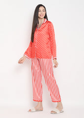 Red Polka Dot Stripe Satin Long Sleeve Women's Night Suit - Shopbloom