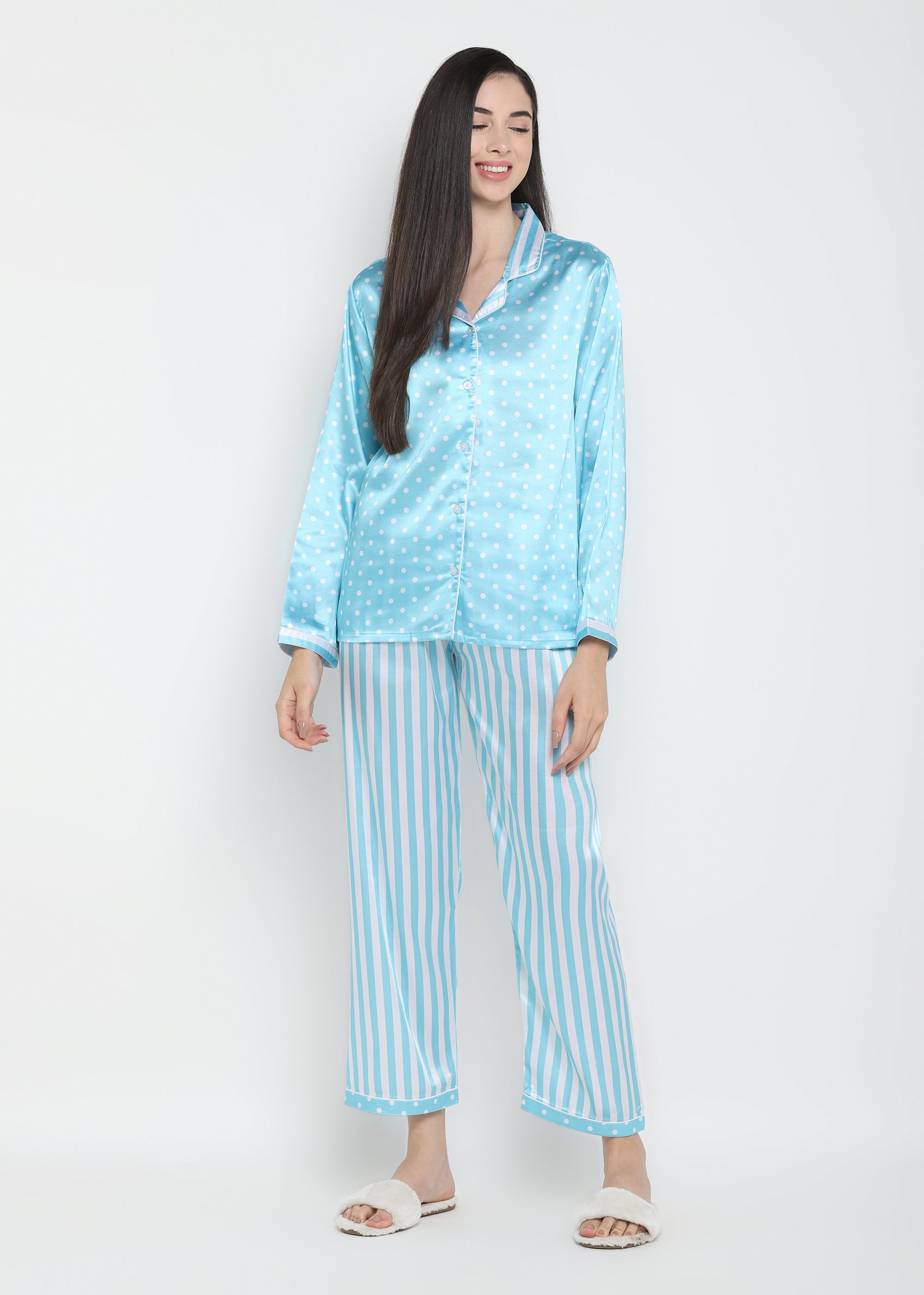 Light Blue Polka Dot Stripe Satin Long Sleeve Women's Night Suit - Shopbloom