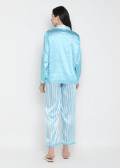 Light Blue Polka Dot Stripe Satin Long Sleeve Women's Night Suit - Shopbloom