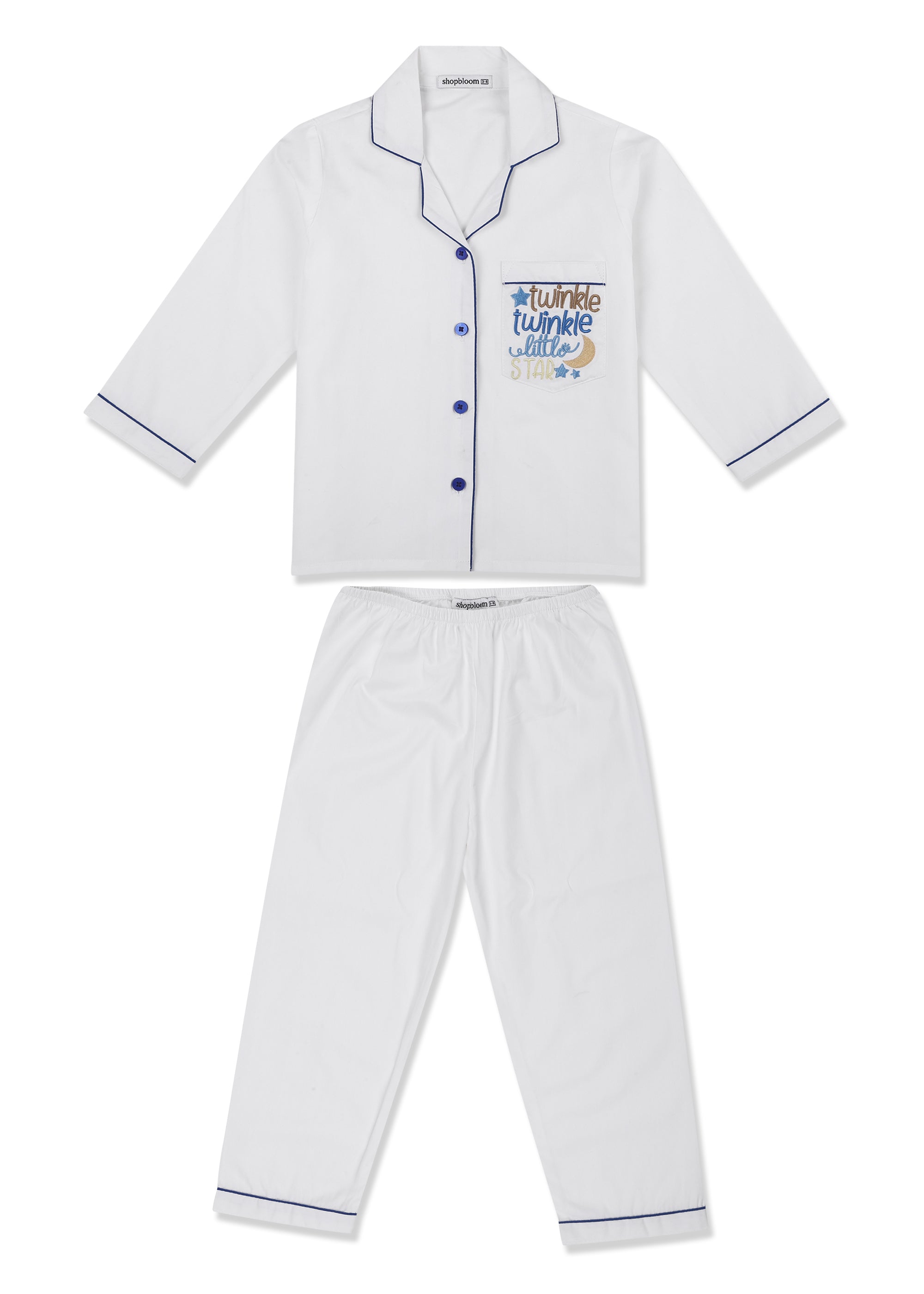 Twinkle Twinkle Little Star Embroidered Pocket Long Sleeve Kids Night Suit - Shopbloom