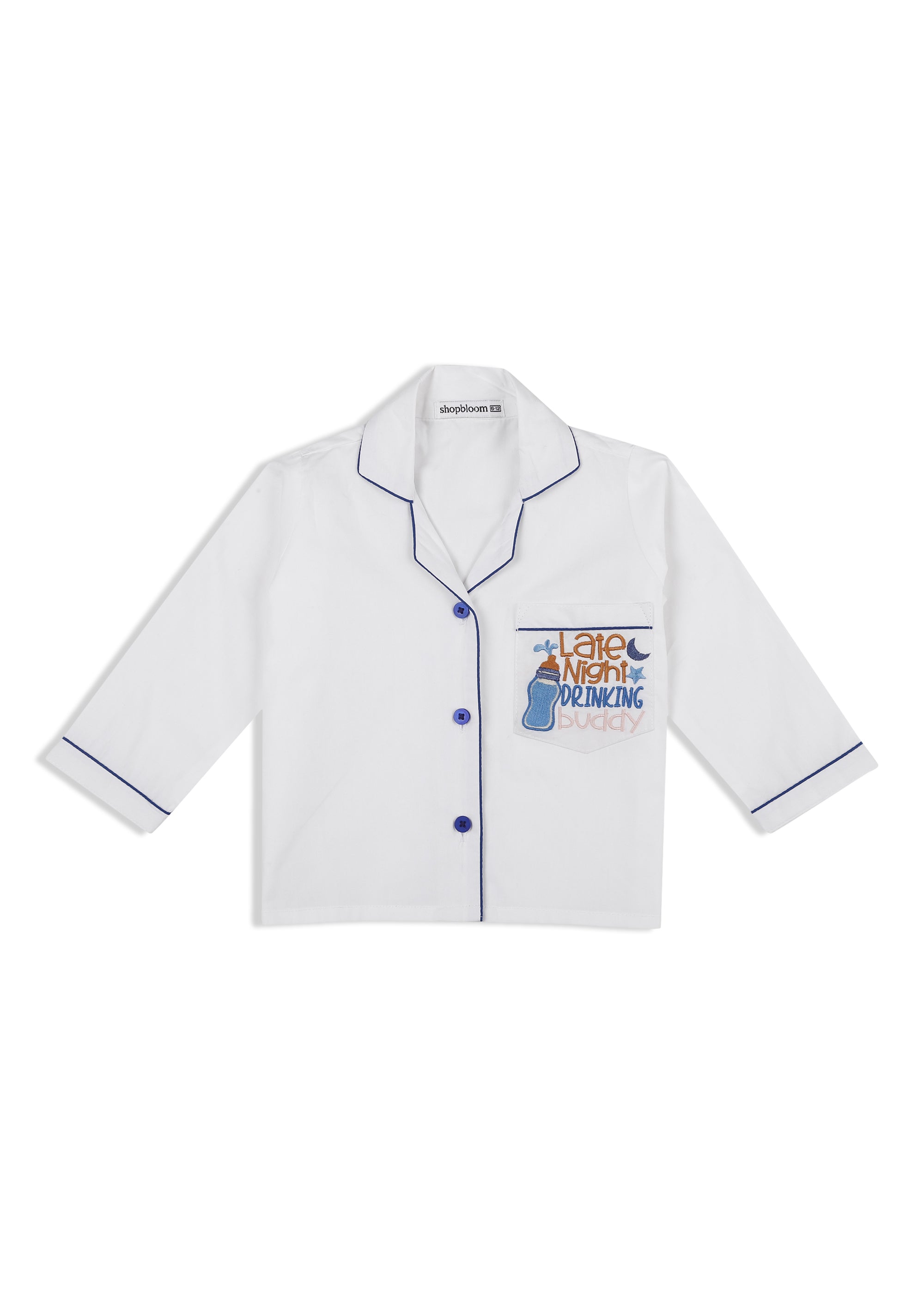Late Night Drinking Buddy Embroidered Pocket Long Sleeve Kids Night Suit - Shopbloom