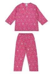 Dark Pink Peppa Print Round Neck Long Sleeve Kids Night Suit - Shopbloom