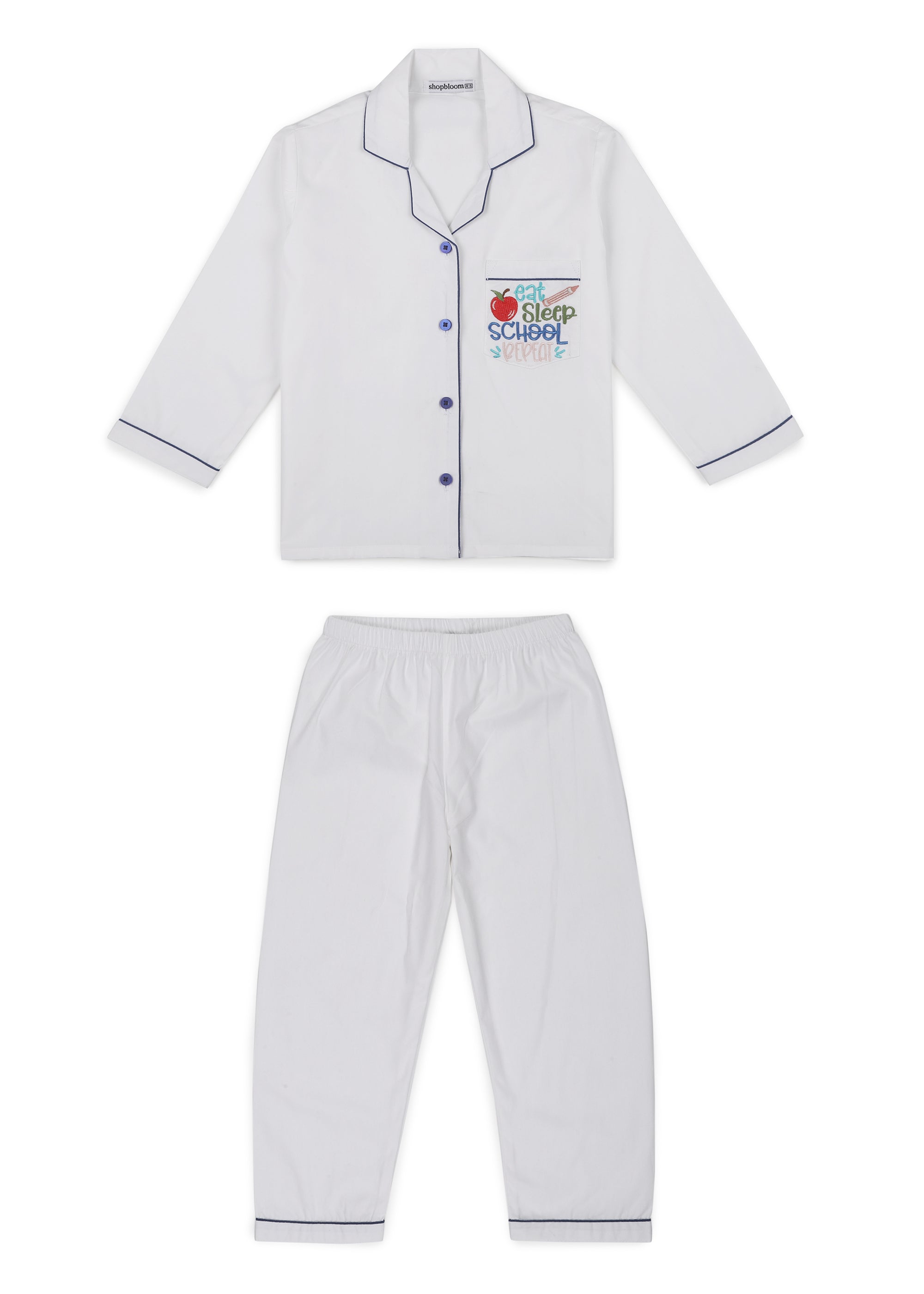 Eat Sleep School Repeat Embroidered Pocket Long Sleeve Kids Night Suit - Shopbloom