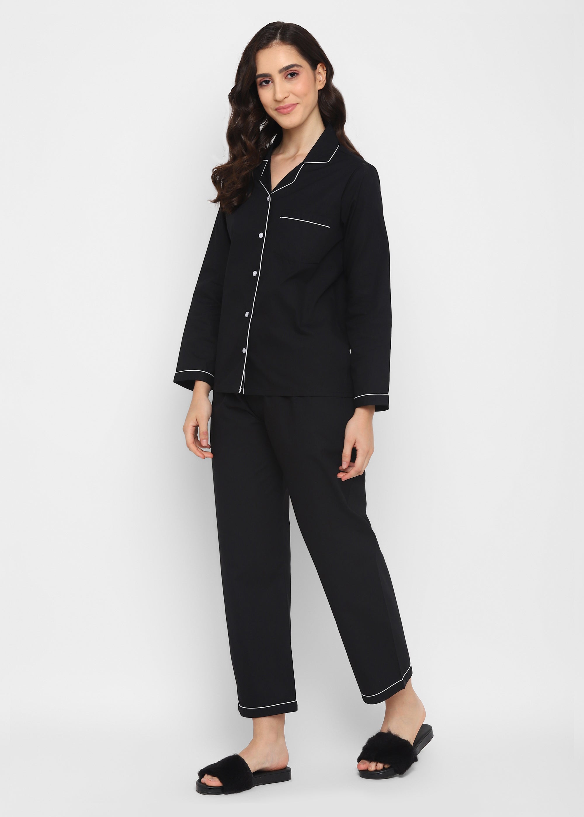 Black Cotton Poplin with White Piping Women's Night Suit