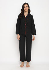 Black Cotton Poplin with Red Piping Women's Night Suit
