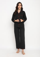 Black Cotton Poplin with Red Piping Women's Night Suit