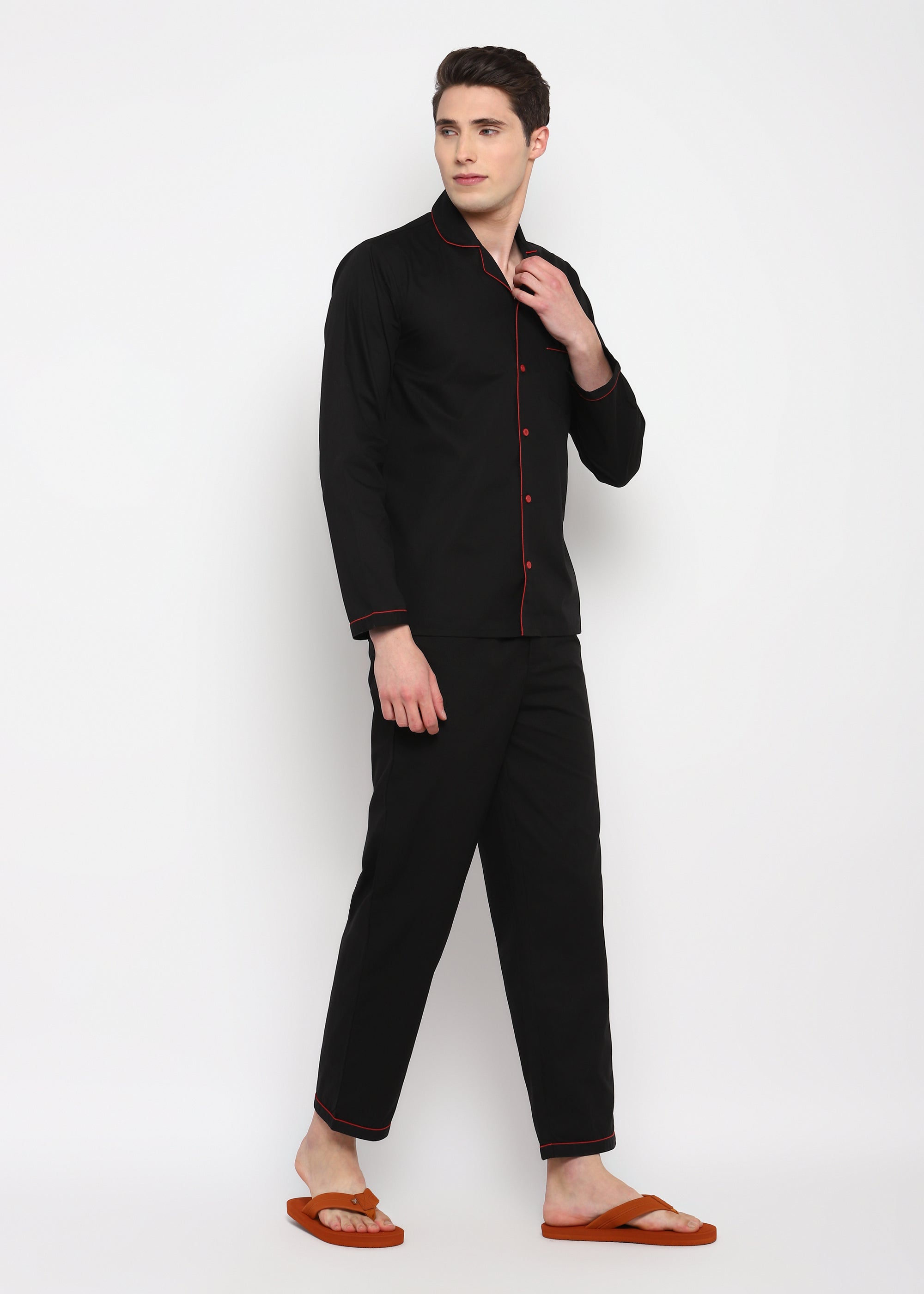 Black Cotton with Red Piping Men's Night Suit