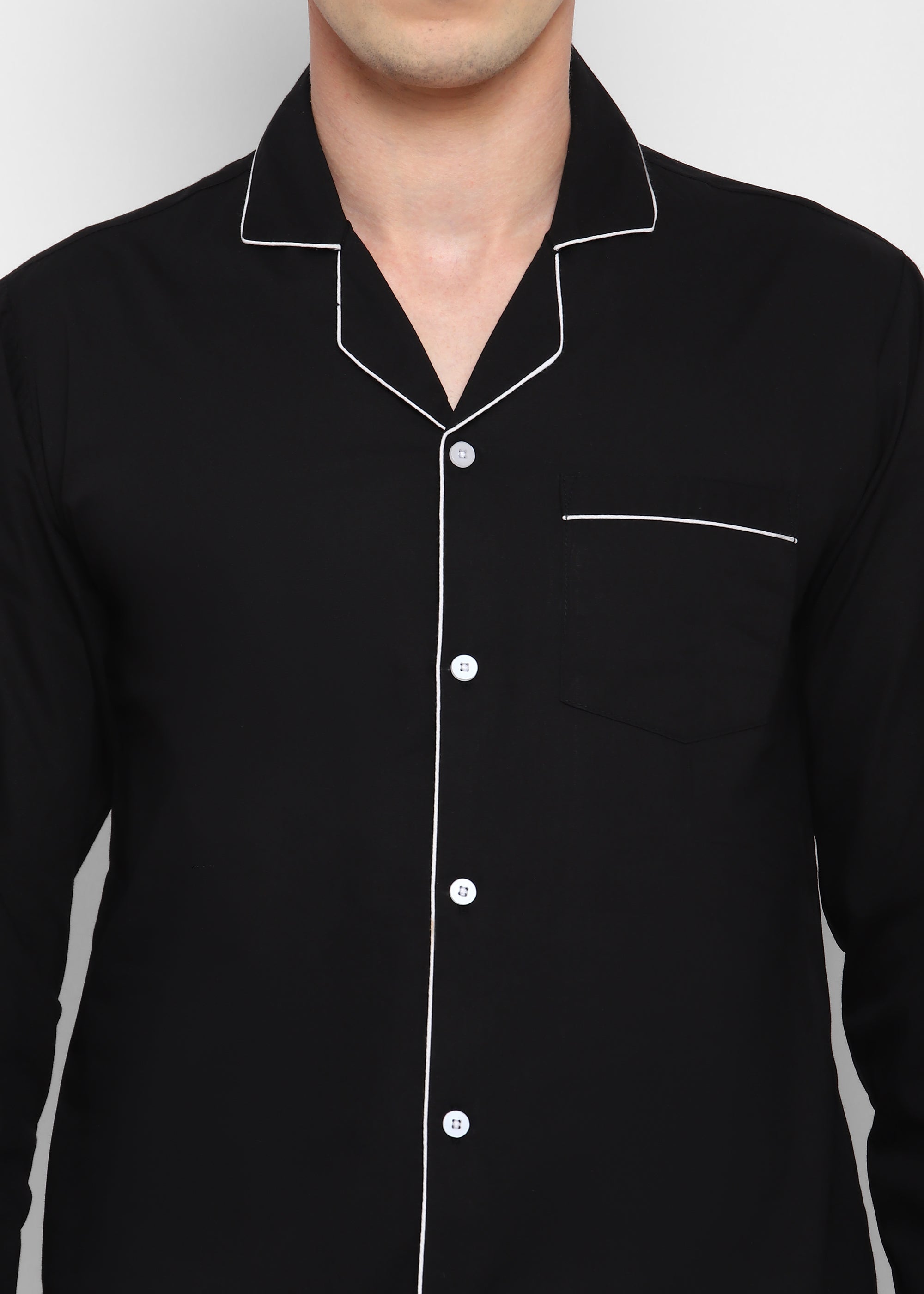 Black Cotton with White Piping Men's Night Suit