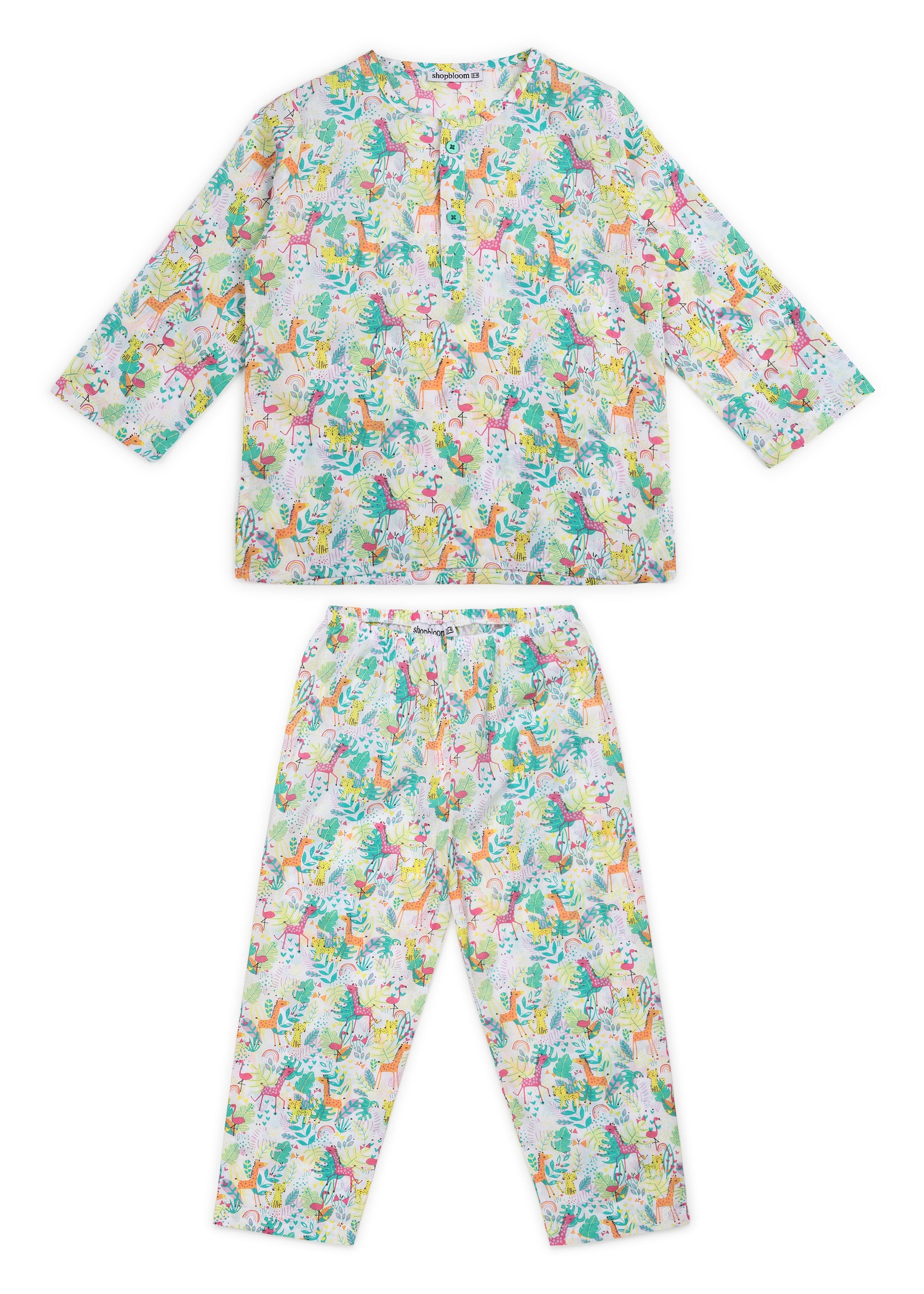 Zoo Print Round Neck Long Sleeve Kid's Night Suit