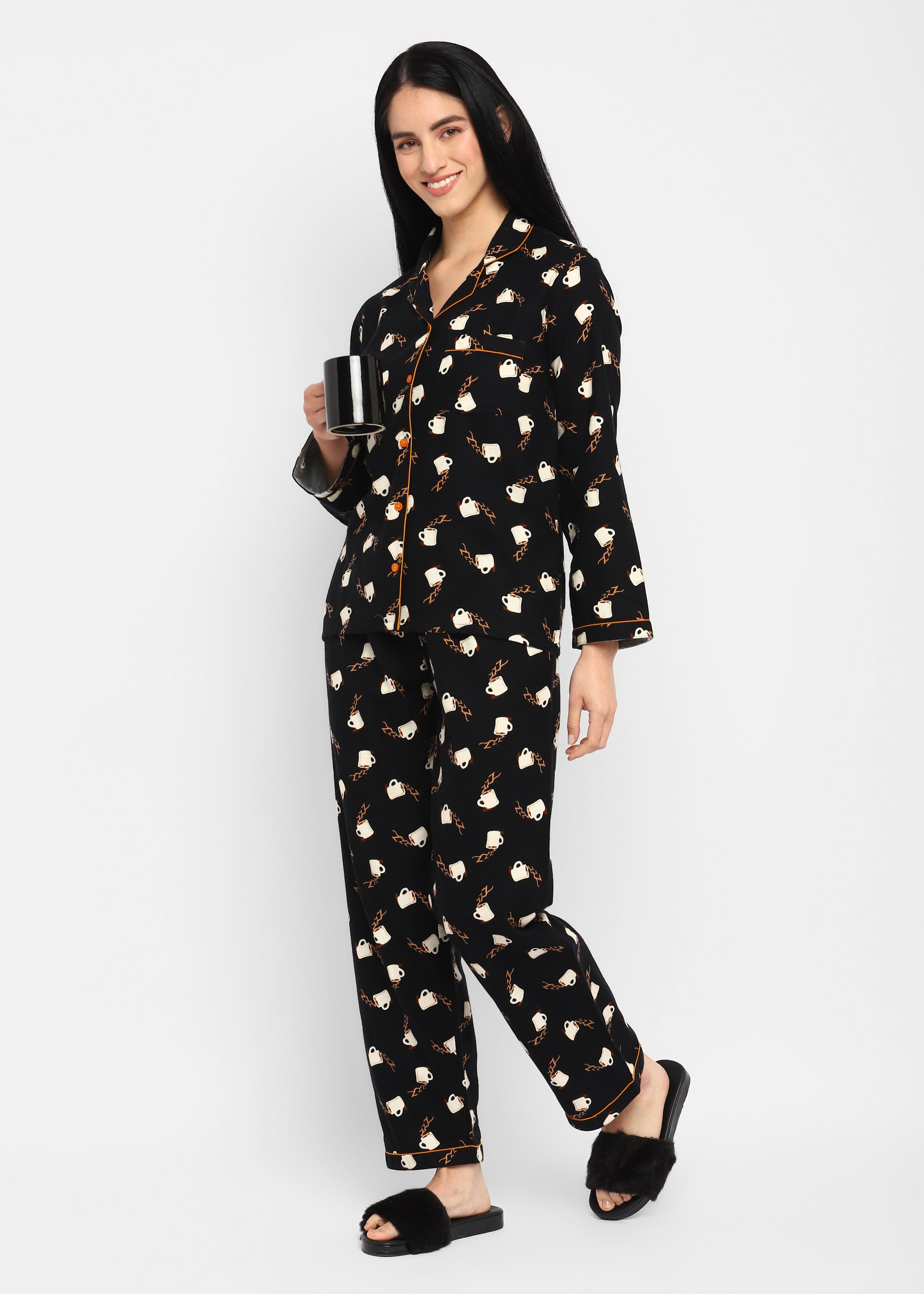 Coffee Cup Print Cotton Flannel  Long Sleeve Women's Night Suit - Shopbloom