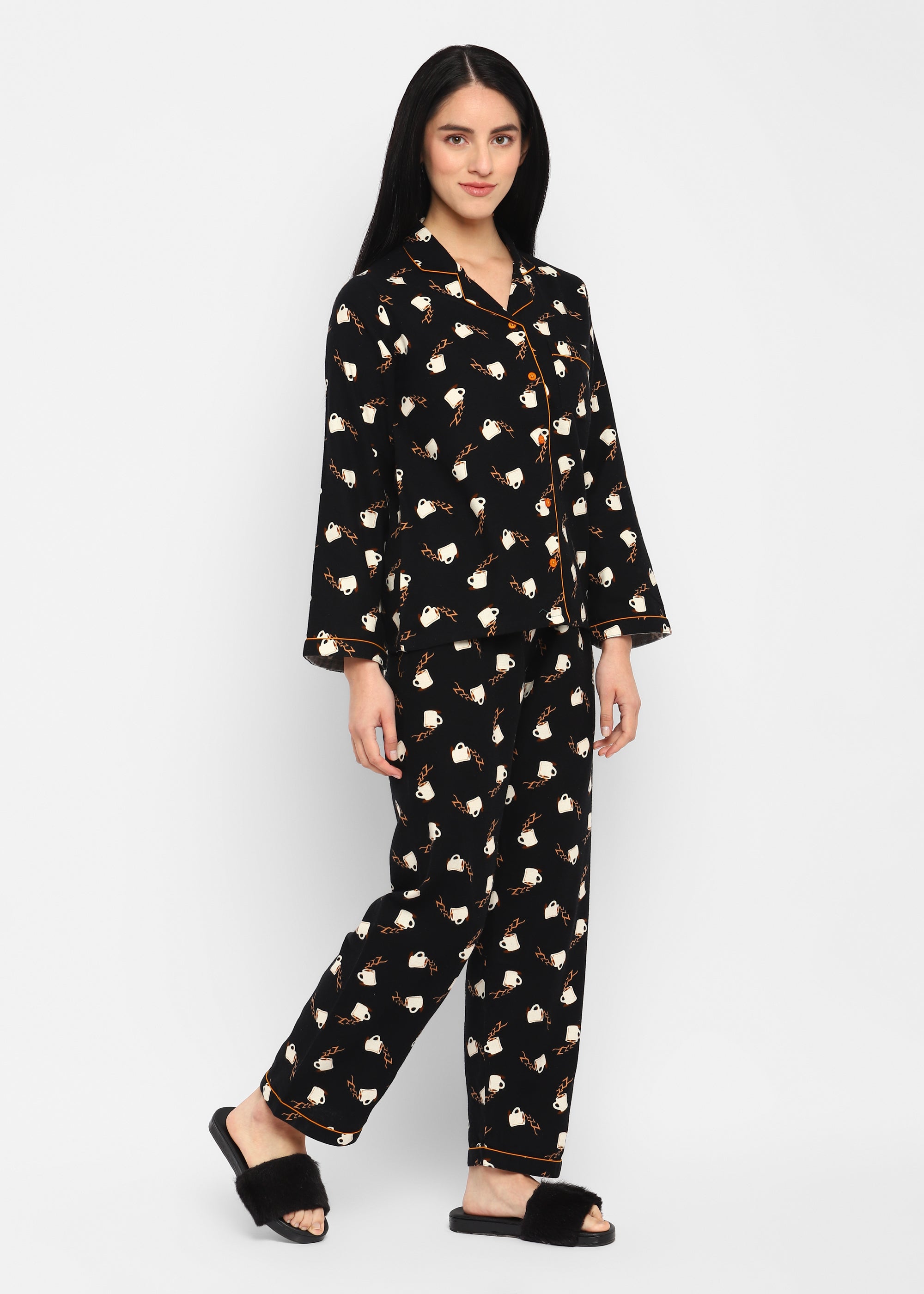 Coffee Cup Print Cotton Flannel  Long Sleeve Women's Night Suit - Shopbloom