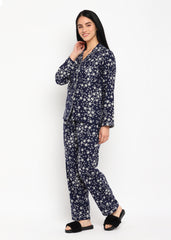 Blue Small Snowflakes Print Cotton Flannel Long Sleeve Women's Night Suit - Shopbloom