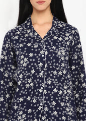 Blue Small Snowflakes Print Cotton Flannel Long Sleeve Women's Night Suit - Shopbloom