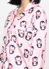 Penguin Print Velvet Long Sleeve Women's Night Suit - Shopbloom