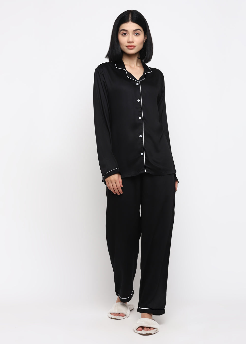 Ultra Soft Black Modal Satin Long Sleeve Women's Night Suit - Shopbloom