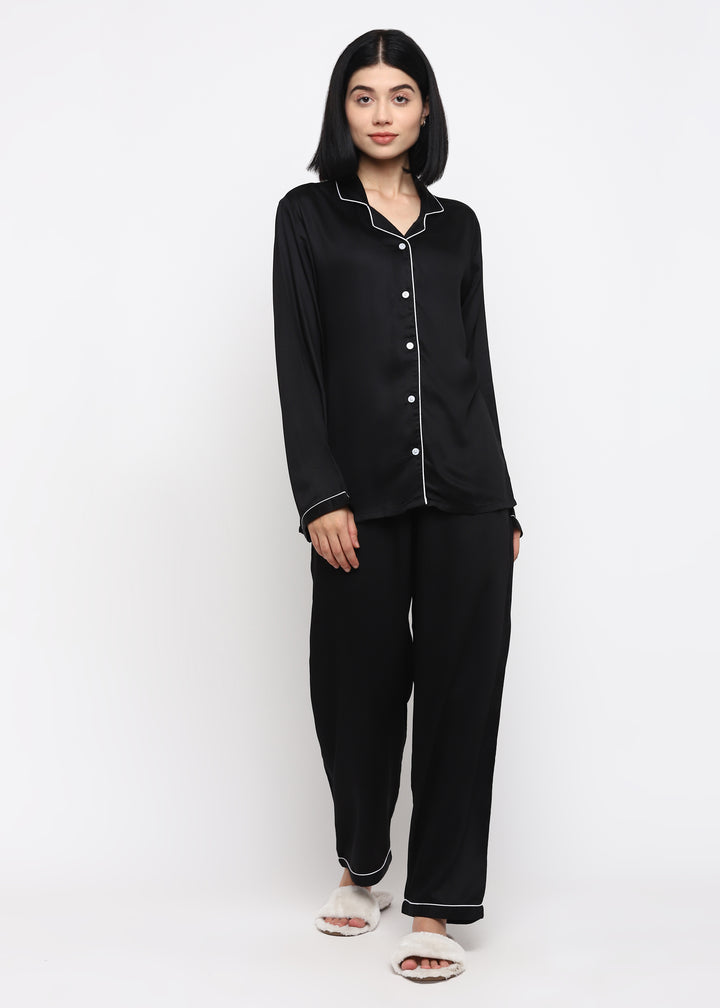 Ultra Soft Black Modal Satin Long Sleeve Women's Night Suit - Shopbloom