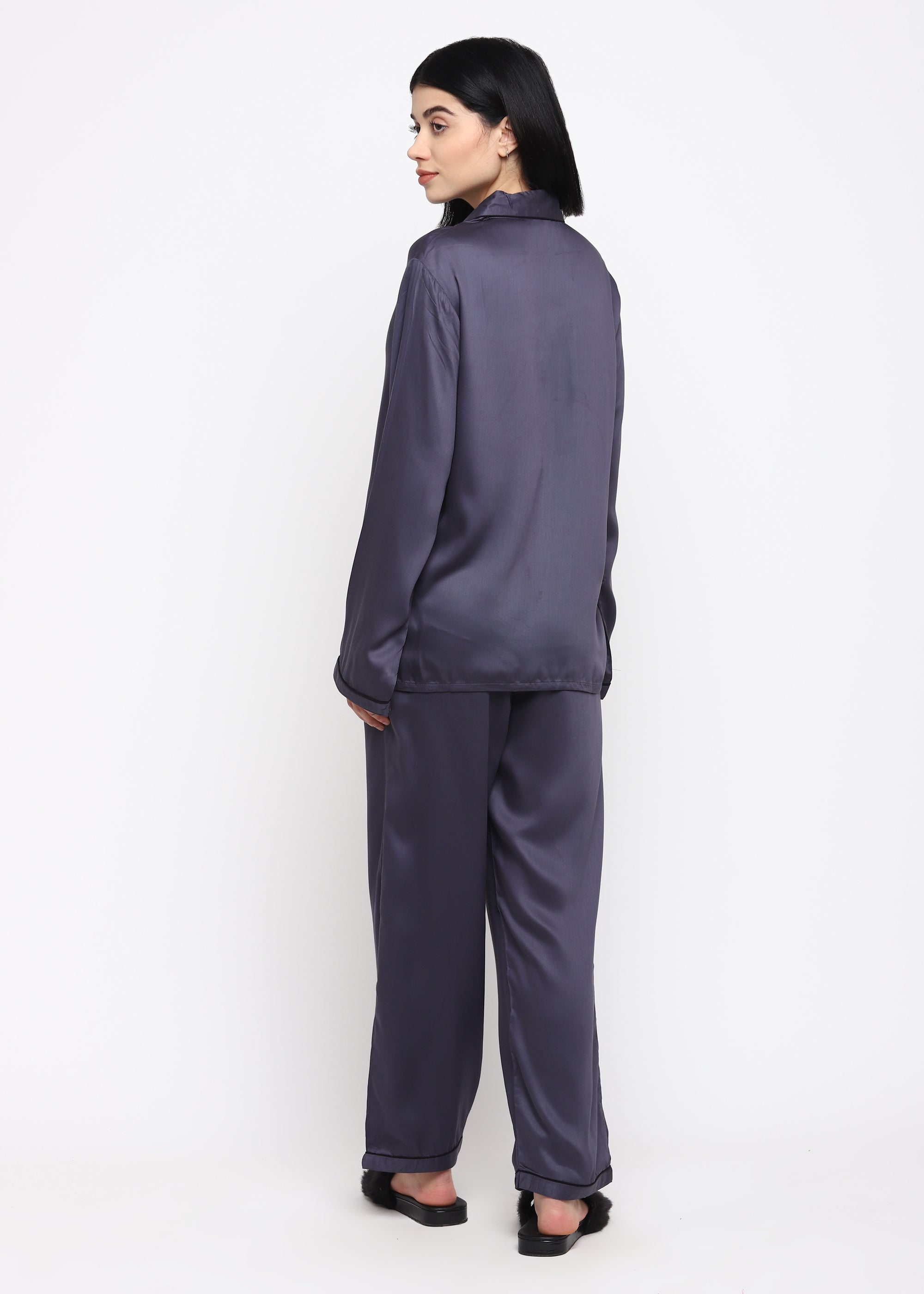 Ultra Soft Dark Grey Modal Satin Long Sleeve Women's Night Suit - Shopbloom