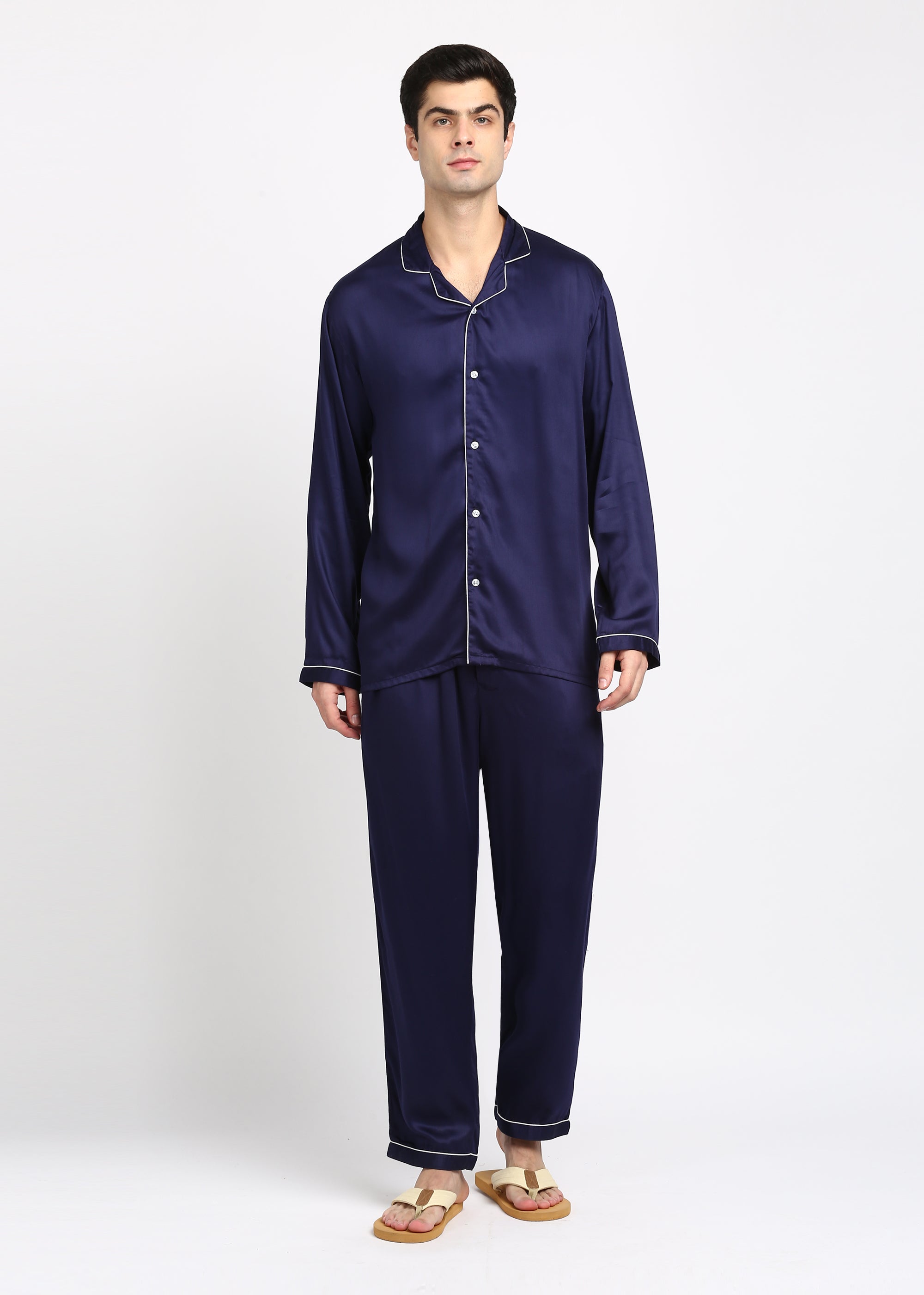 Ultra Soft Navy Modal Satin Long Sleeve Men's Night Suit - Shopbloom