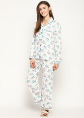 Owl Print Cotton Flannel Long Sleeve Women's Night Suit - Shopbloom