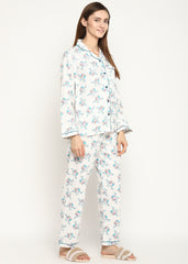 Owl Print Cotton Flannel Long Sleeve Women's Night Suit - Shopbloom
