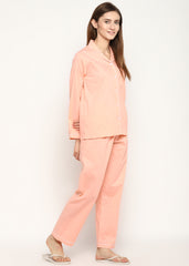 Peach Polka Dot Print Long Sleeve Women's Night Suit - Shopbloom