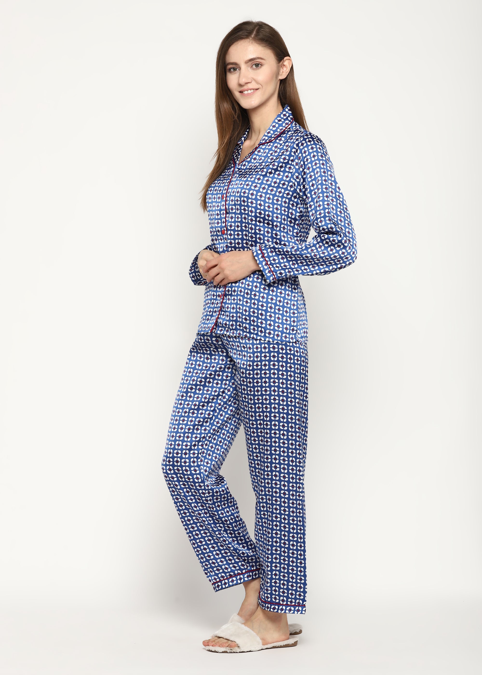 Blue Geometric Print Long Sleeve Women's Night Suit - Shopbloom