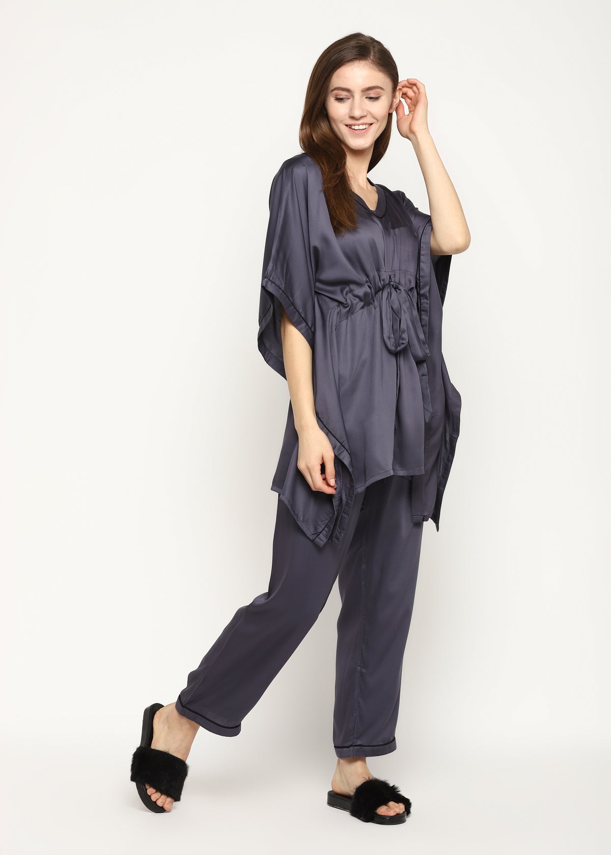 Ultra Soft Dark Grey Modal Satin Women's Kaftan Night Suit - Shopbloom