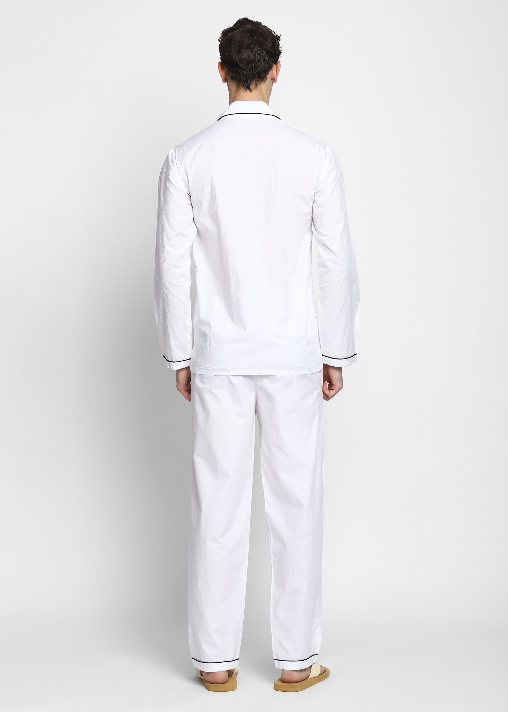 White Cotton Poplin with Black Piping Men's Night Suit - Shopbloom