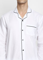 White Cotton Poplin with Black Piping Men's Night Suit - Shopbloom