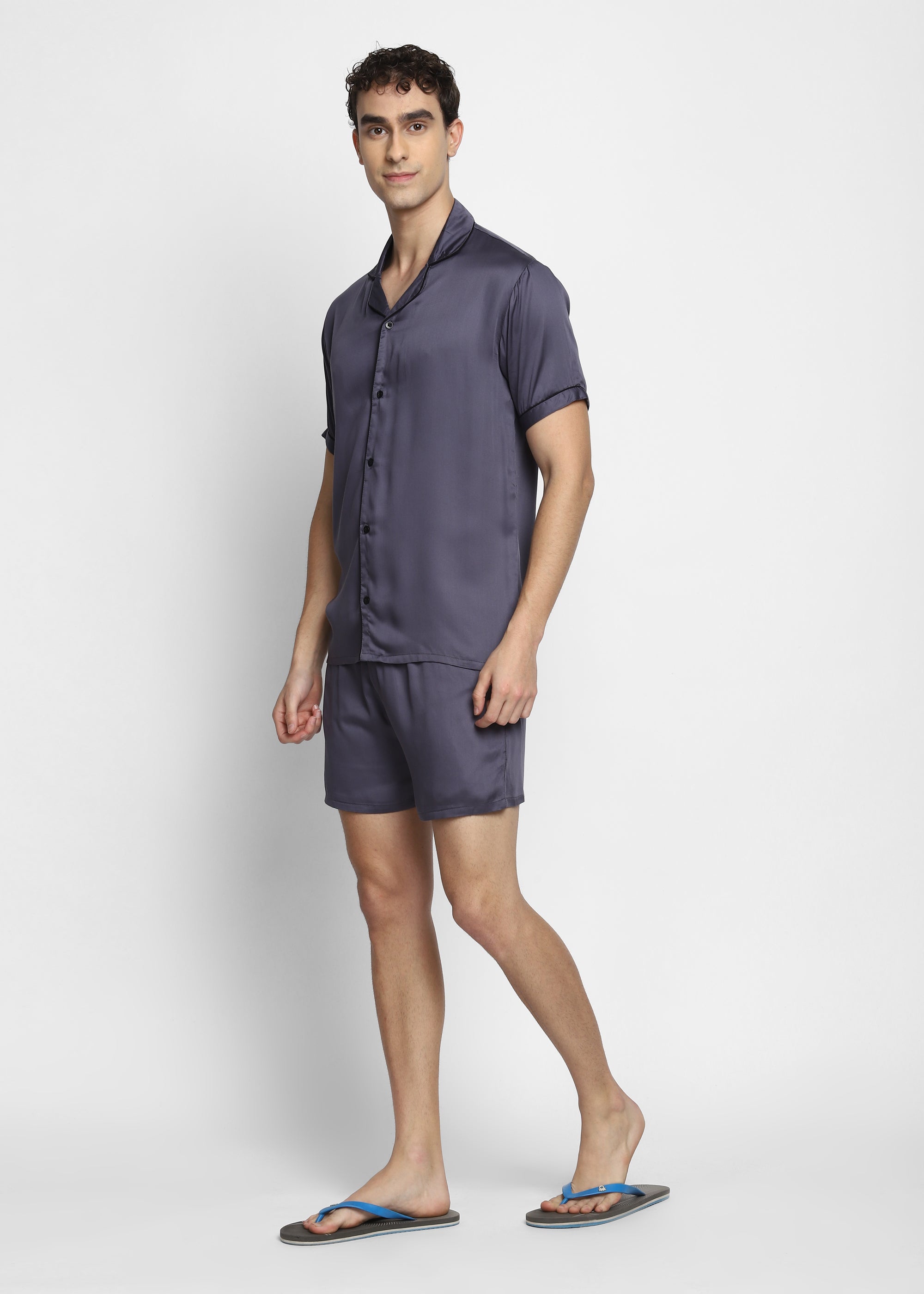 Ultra Soft Dark Grey Modal Satin Short Sleeve Men's Shorts Set - Shopbloom