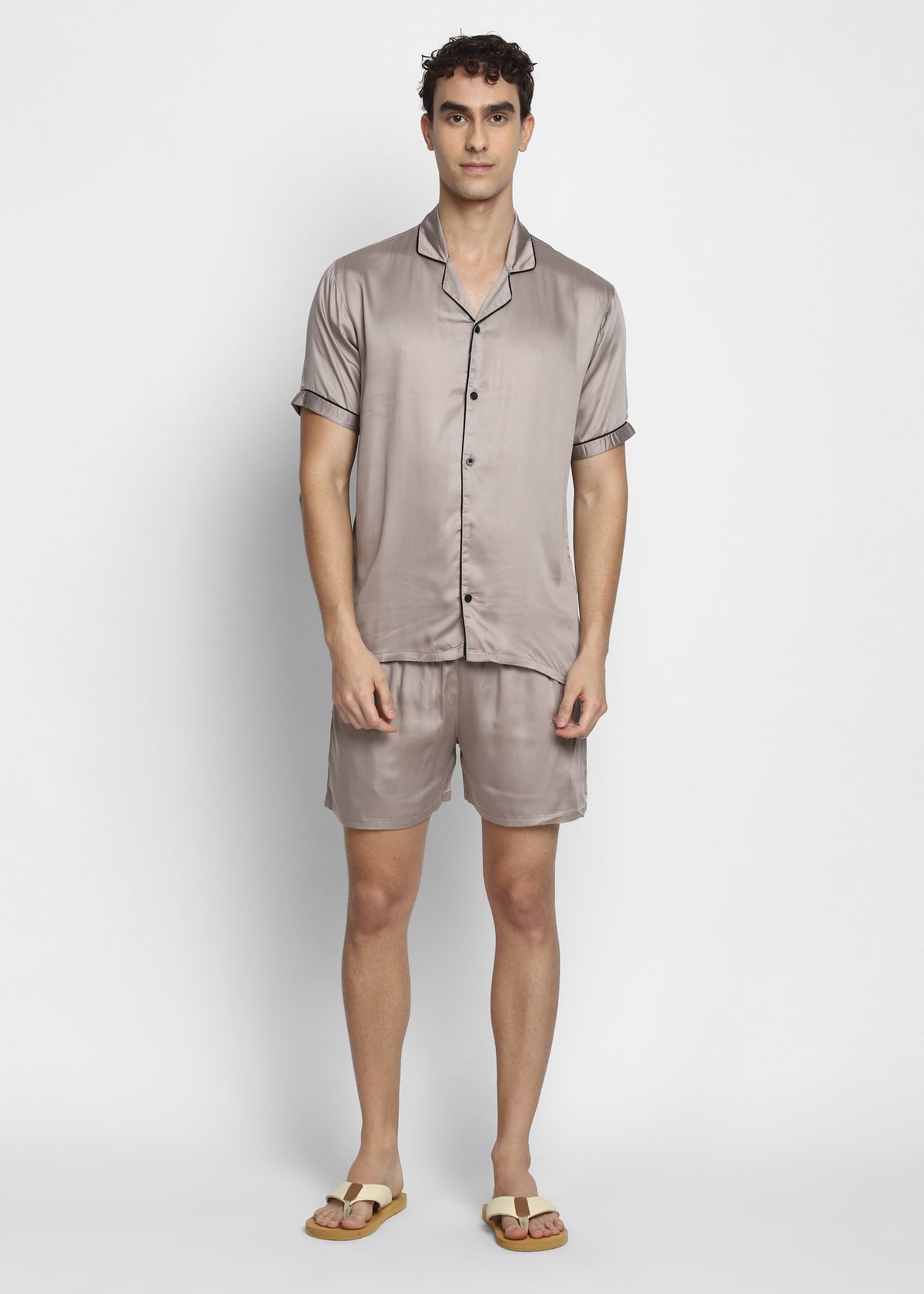 Ultra Soft Light Grey Modal Satin Short Sleeve Men's Shorts Set - Shopbloom
