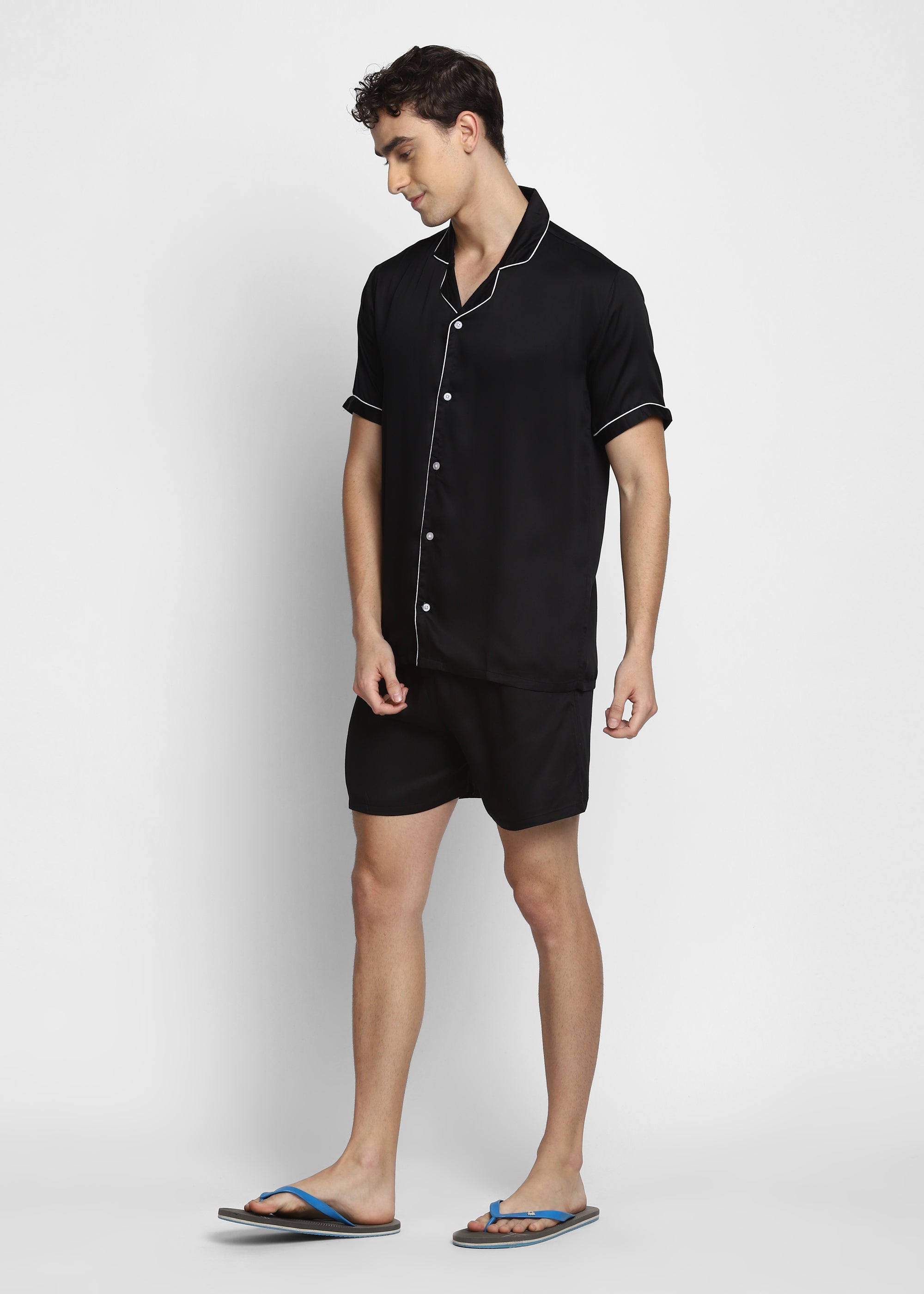 Ultra Soft Black Modal Satin Short Sleeve Men's Shorts Set - Shopbloom
